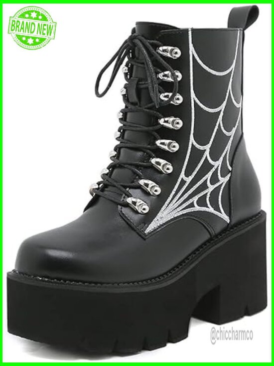 Shoes - Women's Chain Platform Boots Lace Up Chunky Heel Combat Ankle Booties Studded